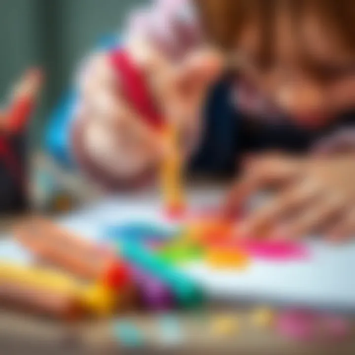 A child's hands creating art with dry pastels on paper, showcasing creativity
