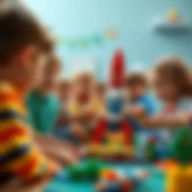 Group of children collaborating on a Lego rocket project