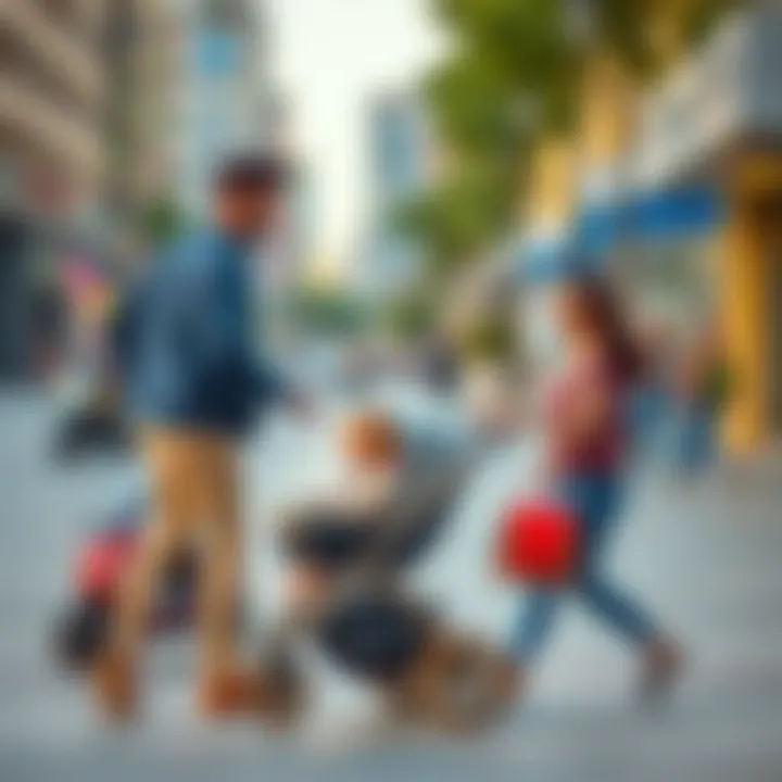 Parents Using a Stroller in Urban Environment Parents comfortably using a stroller in urban environment
