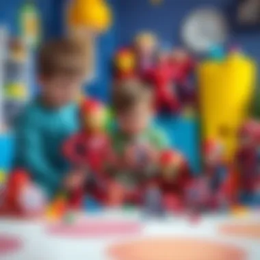 Children engaged in imaginative play with Marvel superhero toys in a colorful playroom.