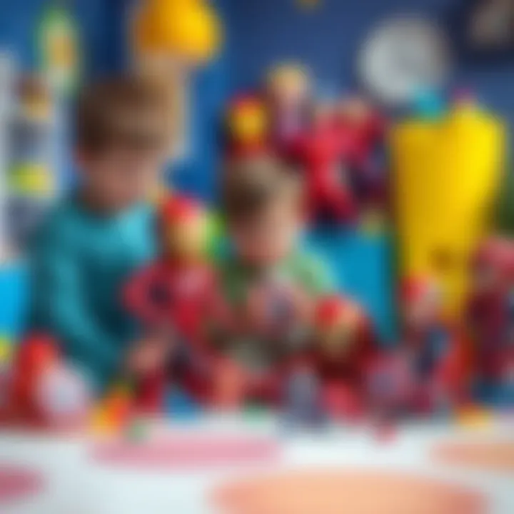 Children engaged in imaginative play with Marvel superhero toys in a colorful playroom.