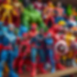 A vibrant collection of Marvel action figures displayed on a shelf, showcasing diverse characters.