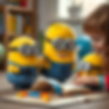 Children Learning with Minion Plush Toys Children engaging with Minion plush, showcasing educational interaction.