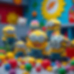 A vibrant display of Minion plush toys in a playful environment.