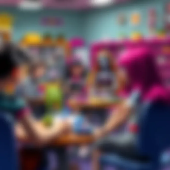 A classroom setting where children engage with Monster High toys, emphasizing educational play