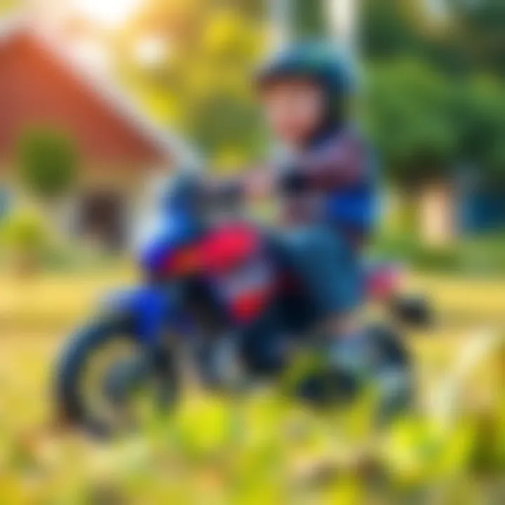 Child riding a toy motorcycle outdoors