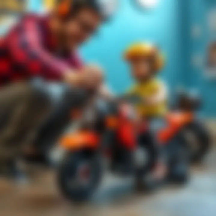 Parent and child selecting a toy motorcycle together