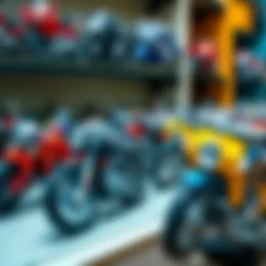 Variety of toy motorcycles displayed on a shelf