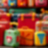A vibrant assortment of toy suitcases showcasing various designs and colors.