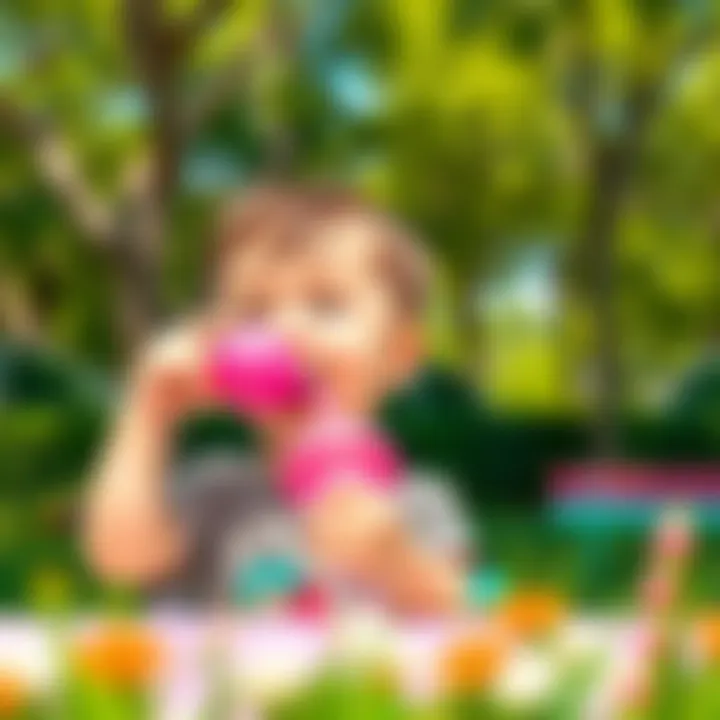 A child joyfully drinking from a pink sippy cup in a vibrant park setting.