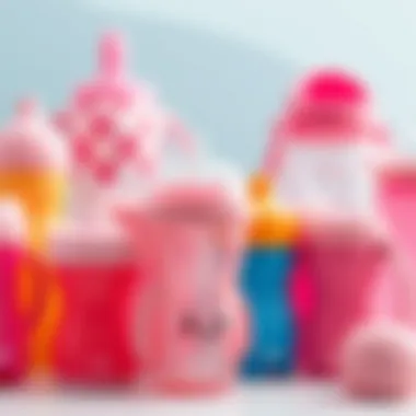 An assortment of various pink sippy cups designed for children, showcasing diversity.