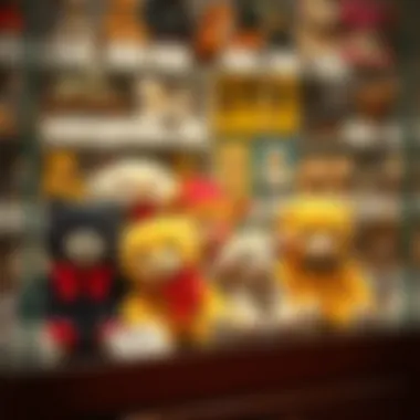 Historically significant plush toys displayed in a museum setting.