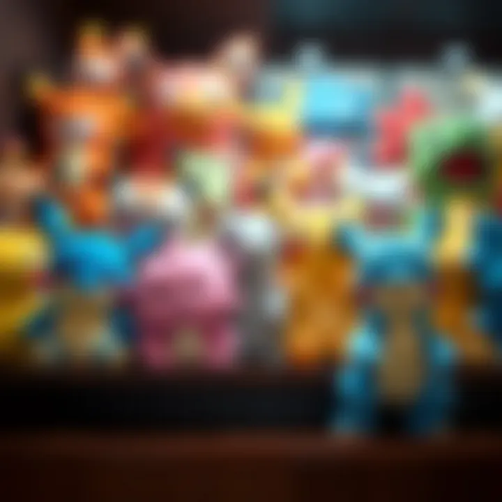 Colorful plush Pokemon toys displayed on a shelf