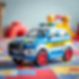 A vibrant police car toy on a colorful play mat