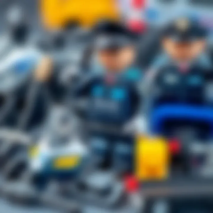 A close-up of a police toy set with various accessories