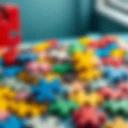 Colorful puzzle pieces scattered on a table, showcasing creativity.