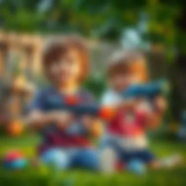 Children playing with soft dart toy guns in a backyard