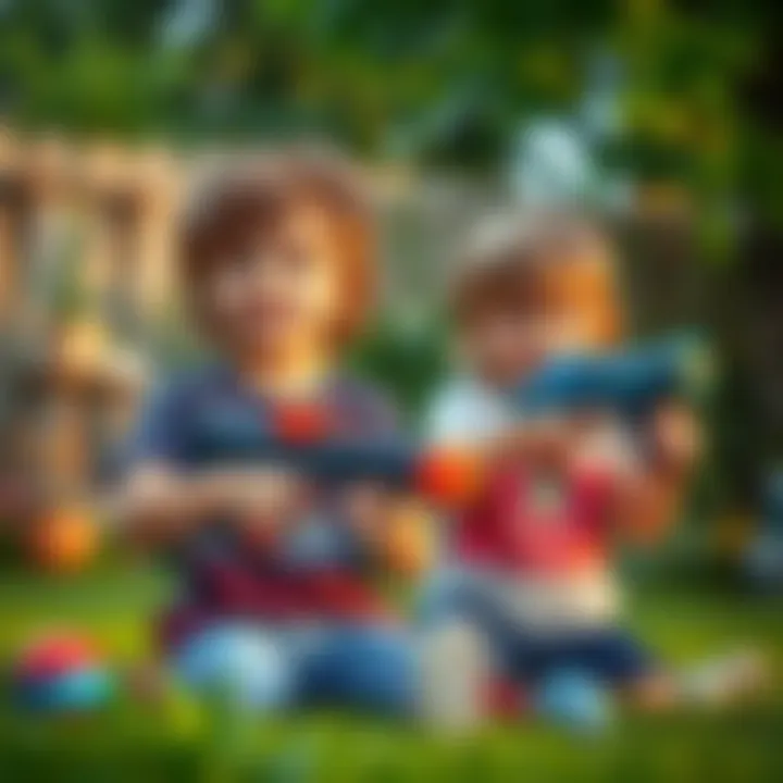Children playing with soft dart toy guns in a backyard