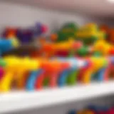 A colorful array of soft foam dart toy guns displayed on a shelf