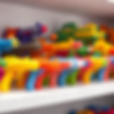 A colorful array of soft foam dart toy guns displayed on a shelf