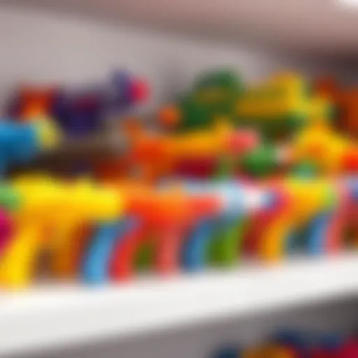 A colorful array of soft foam dart toy guns displayed on a shelf
