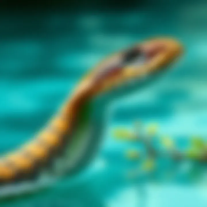 A close-up of a water snake, emphasizing its unique scales and features, set against a serene water background.