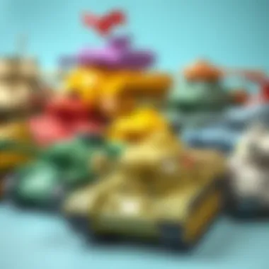 Group of different tank toys arranged creatively