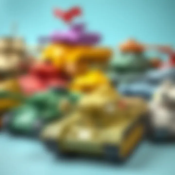 Group of different tank toys arranged creatively