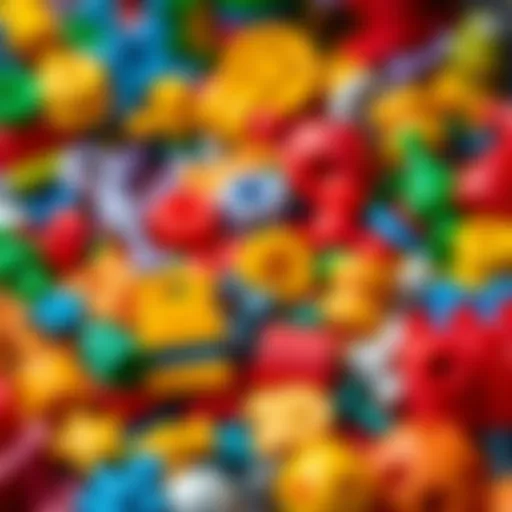 A close-up view of a colorful assortment of toy components