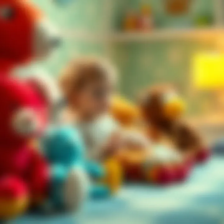 Selecting a Sleep Companion A child choosing a sleep companion from a collection of plush toys